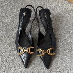 ZARA Black Pointed Slingback Pumps with Gold Buckle Detail